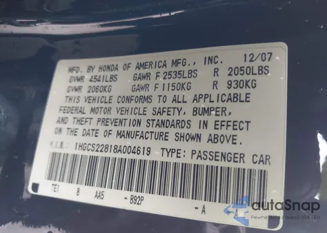 2008 Honda Accord 3.5 Ex-L from USA, damaged, VIN 1HGCS22818A004619